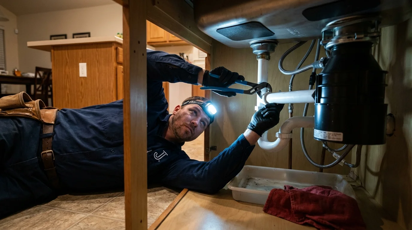 P-trap and supply line connections under a kitchen sink showing a common leak point in Smithville, MO